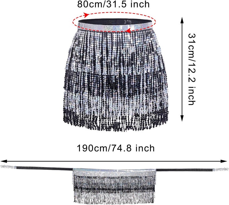 SUMERSHA Belly Dance Hip Scarf Sequin Tassel Skirt Wrap Sparkly Rave Costume for Women - Image 2